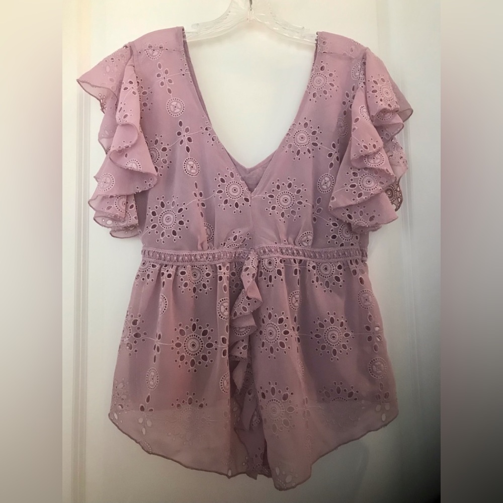 Walter Baker Lilac Eyelet Top with Ruffled Sleeves